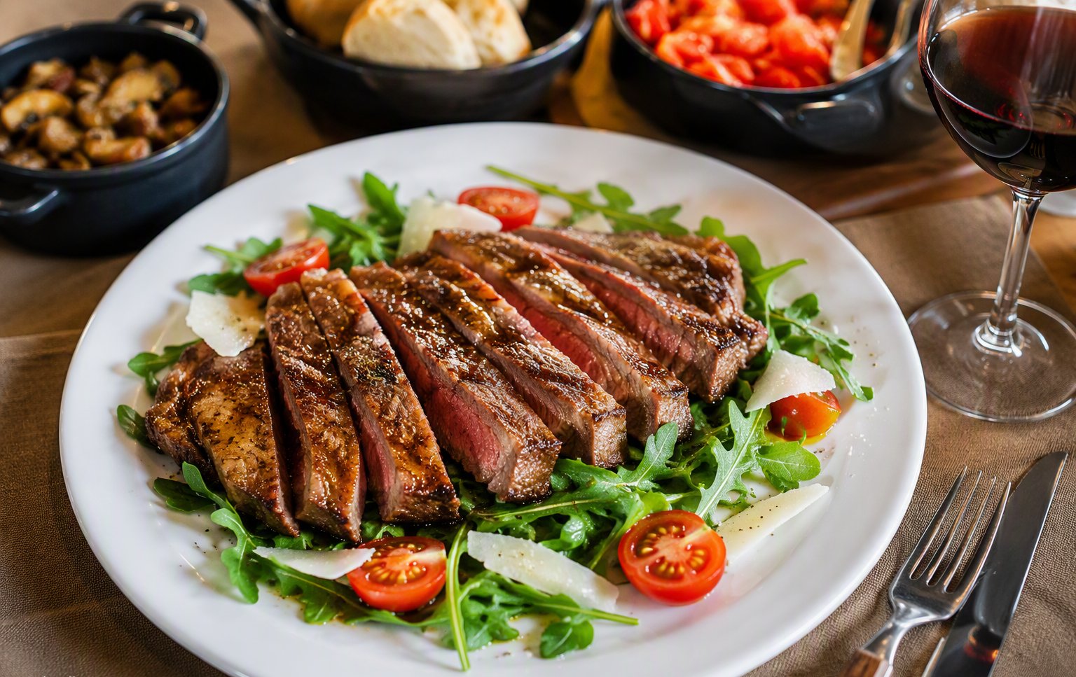 Tagliata su rucola con pomodorini e scaglie