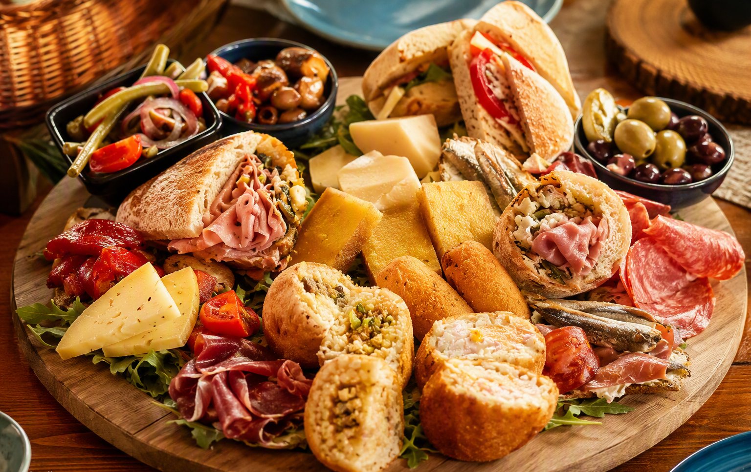 Tagliere siciliano con formaggi, salumi, panelle e arancini